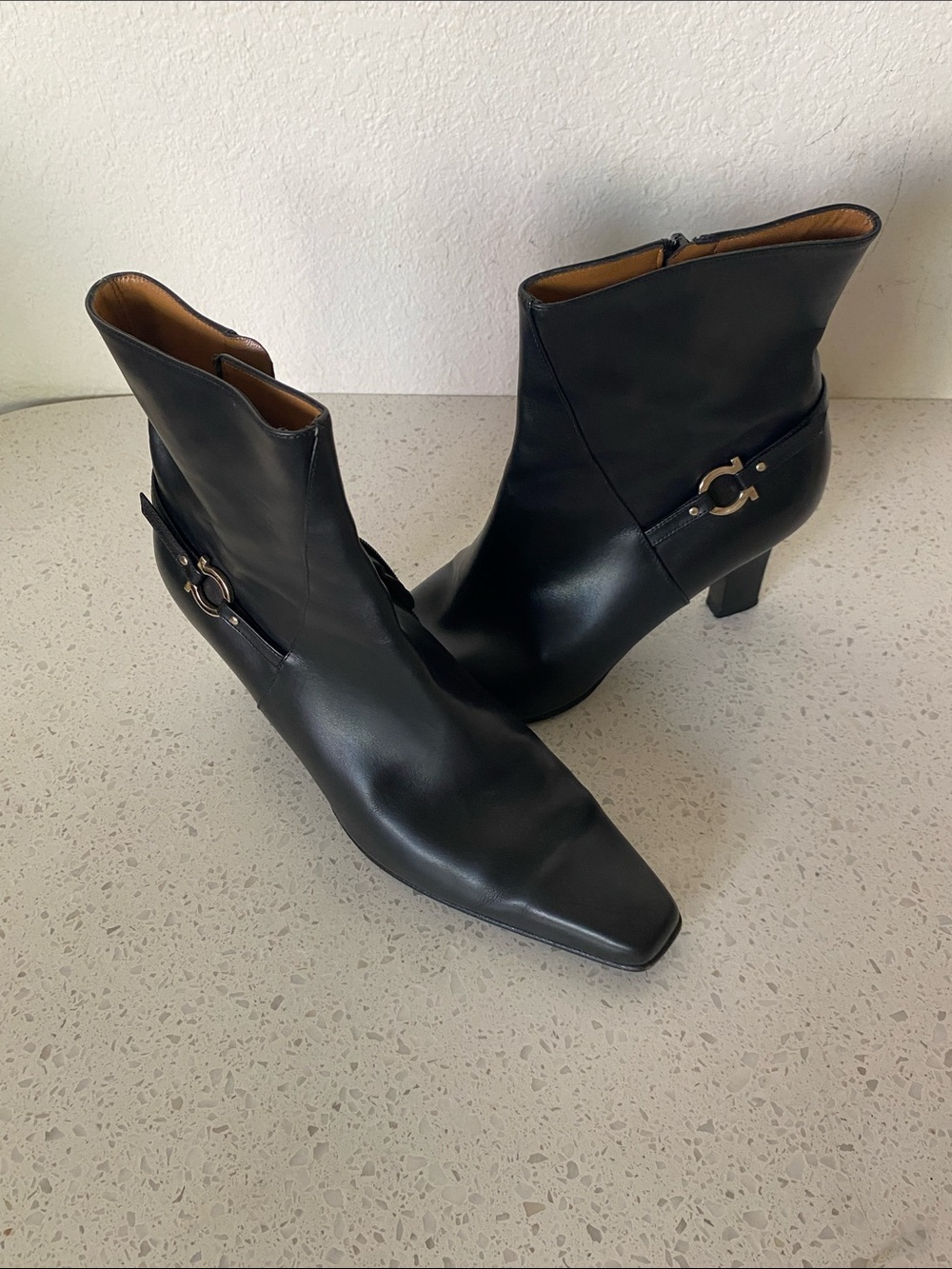 Salvatore Ferragamo Black Leather Square-Toe Ankle Booties